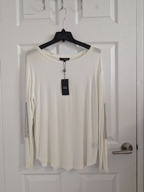 NWT Edit by Jeanne Beker White Long Sleeve Top Silver Sequin Elbow Patches S
